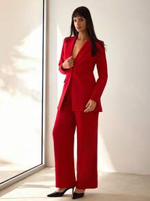 CLARA VERO Women's Solid Color Long Sleeve Blazer And Pants Casual Commuting Office Suit - Red - View 1