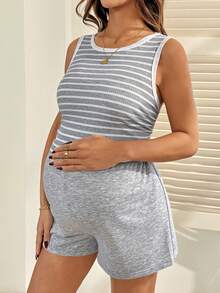 SHEIN Maternity Clothes Maternity Co Ord Summer Pregnant Clothes Gray Two-Piece Set Comfortable,  Soft Casual - Grey - View 4