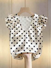 Franclia Women's Polka Dot Elegant V-Neck Blouse, Suitable For Birthday, Party, Wedding, Valentine's Day, Date, Commute, Daily Wear, With Ruffle Hem Design - Apricot - View 1