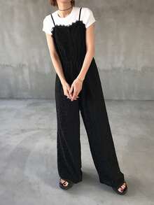 FRIFUL Damen Ärmellose Jumpsuit mit Spitzendekor für Frauen Loungewear Sets für Damen im Sommer - Schwarz - Übersicht 4
