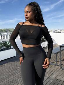 Tyla Gomez Women's Off Shoulder Sheer Mesh Cropped Top - Black - View 1