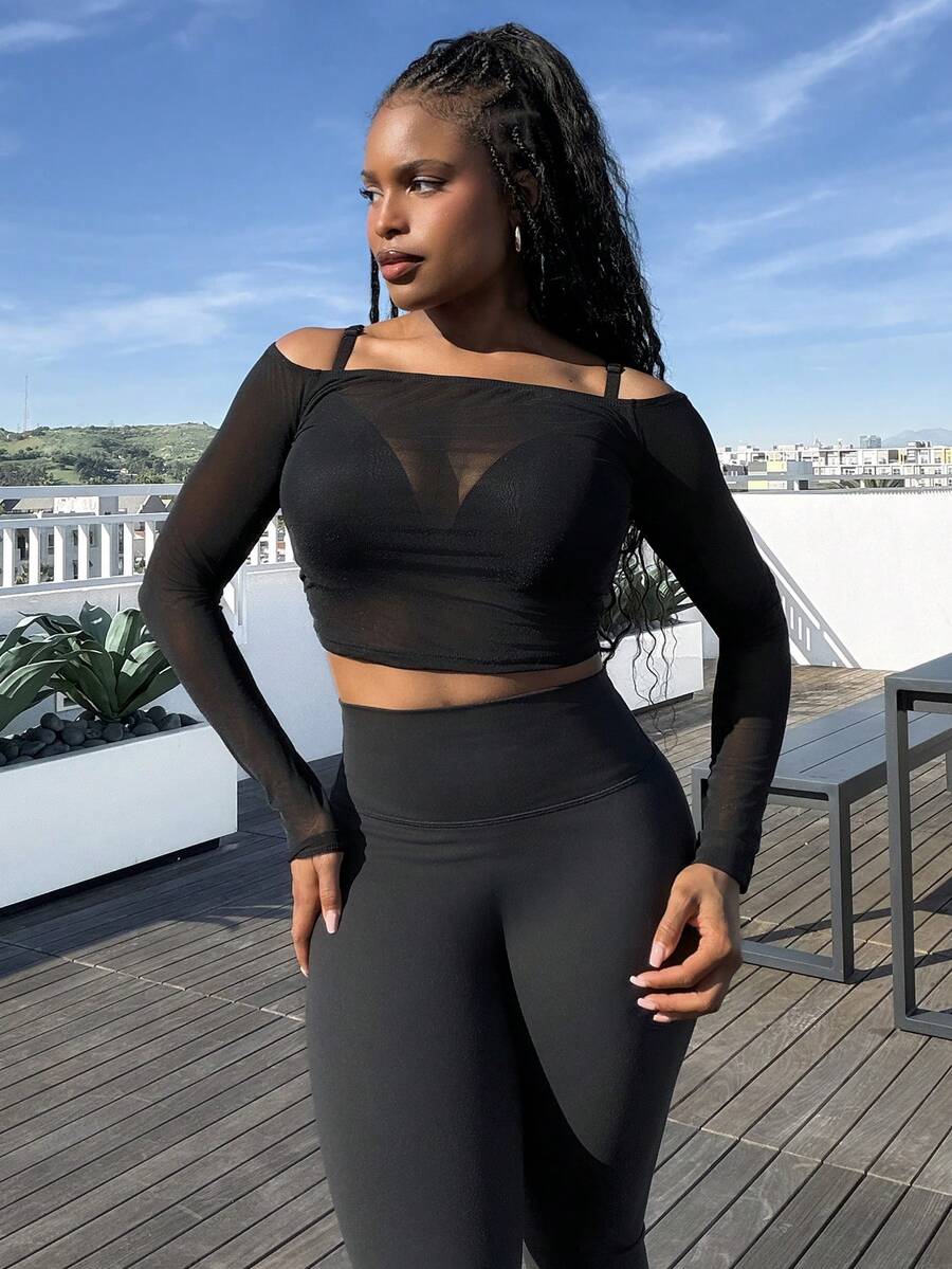 Tyla Gomez Women's Off Shoulder Sheer Mesh Cropped Top - Black - View 1