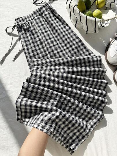 Comfortcana Plus Size Women Waist Tie Plaid Wide Leg Loose Casual Pants