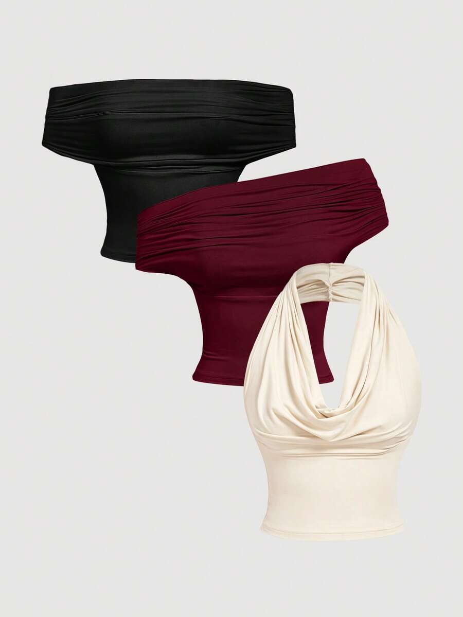 SHEIN MOD 3件套女士纯色褶皱百搭时尚吊带背心 - 彩色 - 查看 1