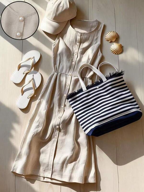 Lyxana Summer New Casual Round Neck Sleeveless Pearl Button Design Elegant Women Dress