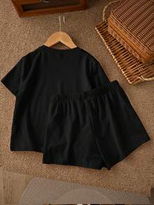 Set 2pcs/Set untuk Remaja Perempuan, Kasual Minimalis dengan Hiasan Pita, Kaos Lengan Pendek Leher Bulat dan Celana Pendek, Cocok untuk Musim Semi/Panas - MultiWarna - View 2