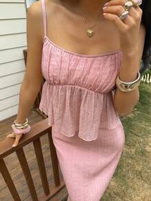 Livesso Spring & Summer Textured Pink Camisole Top And Bodycon Skirt Set, Ruffled Hem, Elegant For Valentine's Day, Wedding, Casual, Beach, Commute - Pink - View 2