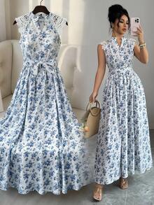 Rafferiza Vestido elegante de mujer con cuello en V, estampado floral diminuto y encaje en contraste, adecuado para vacaciones - Beis - Ver 1
