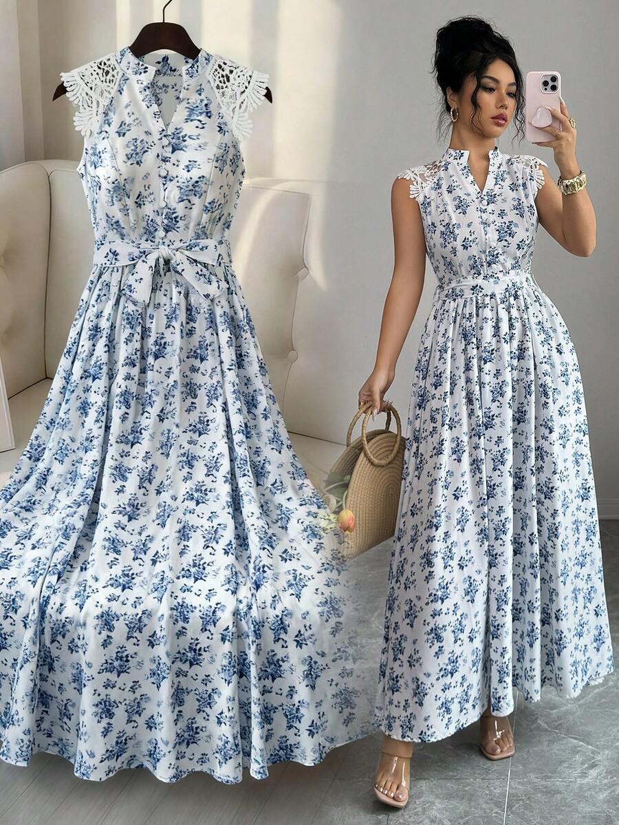 Rafferiza Vestido elegante de mujer con cuello en V, estampado floral diminuto y encaje en contraste, adecuado para vacaciones - Beis - Ver 1