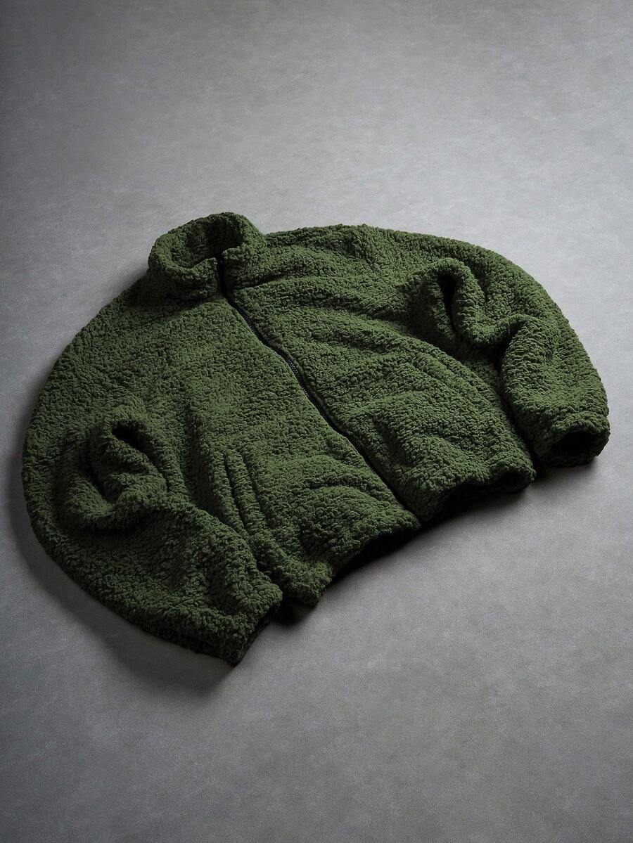 Manfinity Roghcode Chaqueta y abrigo con cremallera de manga larga de unicolor de felpa para hombre, invierno - Verde militar - Ver 1