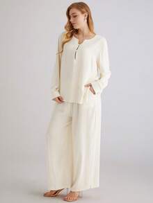 Parysyn Bộ đồ đơn giản bằng vải cotton và lanh dệt kim cỡ lớn dành cho nữ. - Màu be - Xem 5