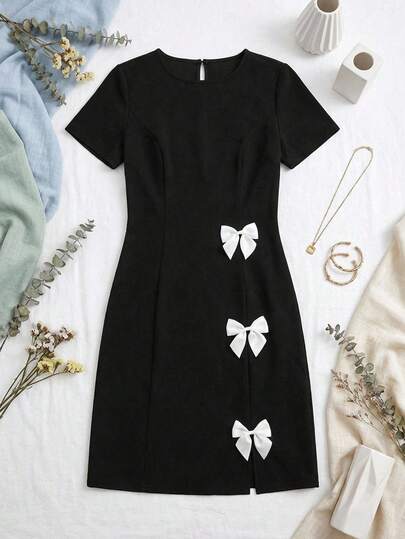 SHEIN Clasi 女士蝴蝶结装饰圆领短袖优雅迷你连衣裙