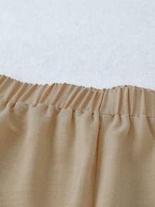 Linhara Plus Size Women's Casual Floral Lace Trim Khaki Linen Blend Pants, Early Spring - Khaki - View 4