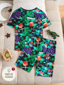 Tween Boy Summer New Game Character Dinosaur Cool Letter Print Short Sleeve Top And Shorts Casual Pajama 2 Pieces Set - Green - View 2