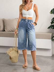 Breezaya Pantalones vaqueros de mujer con bordado de margaritas y efecto desgastado, pantalones casuales de verano para mujer, pantalones vaqueros de mujer con bordado floral, atuendos de playa para mujer - Azul - Ver 1