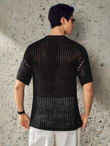 RONVEXI 男士夏季度假纯色短袖镂空针织上衣 - 黑色 - 查看 4