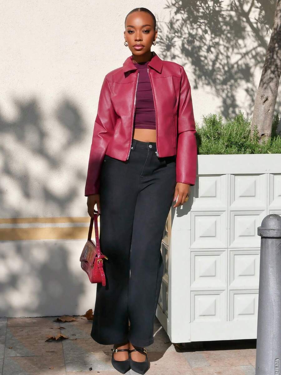 Yess Loren 秋冬女士纯色简约翻领长袖拉链红色 PU 皮夹克 - 酒紅色 - 查看 1