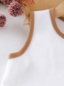 2pcs/Set Young Girls Ivory Ribbed Knit Tank Top And Khaki Skirt, Children Casual Minimalist Daily Outfit, Summer - White - View 7