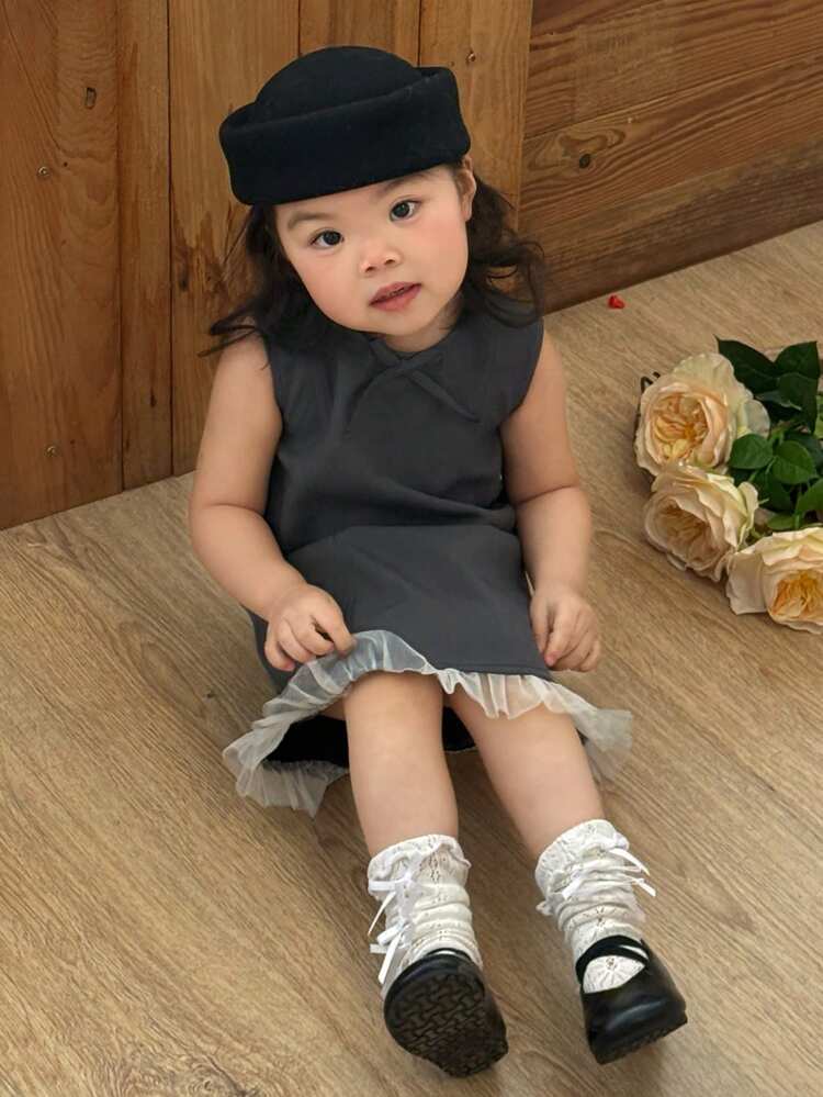 Baby Girls' Chic School Style Dress, Toddler Casual Pinafore Dress With Bow Decor
