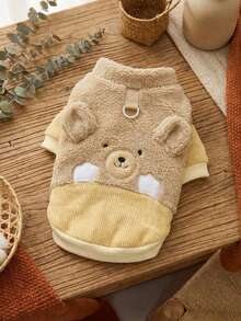 PETSIN 1件装二合一可爱保暖内衬宠物外套，带牵引绳，适合秋冬季穿着 - 棕色 - 查看 2