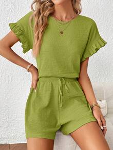 SHEIN Essnce 2pcs Women Short Sleeve Top & Elastic Waist Shorts Set - Lime Green - View 3