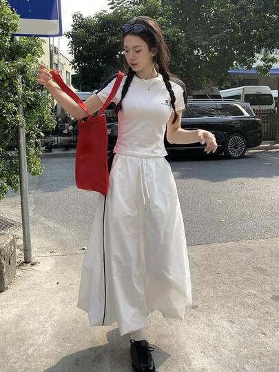 DAZY Women's White Floral Bud Skirt, High Waist A-Line Unique Design Sexy Long Skirt, 2 Pieces Set, Summer