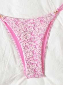 Swim Mod Women's 2pcs Floral Textured Gold Pearl Bandeau Bikini Set,Pink,Summer,Cute,Holiday,Pool Party,Holiday Lace Swimwear Bathing Suit For Women - Pink - View 4
