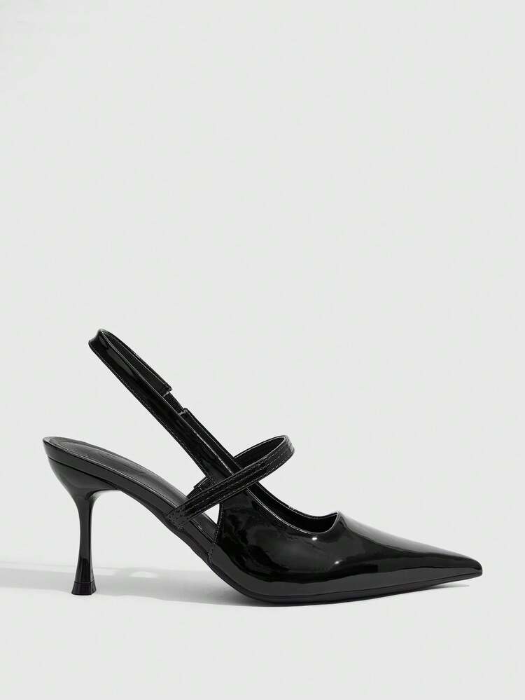 CUCCOO SZL Women's Glossy Oily Skin Thin Heel Strap Backless Sexy Minimalist High Heel Pumps