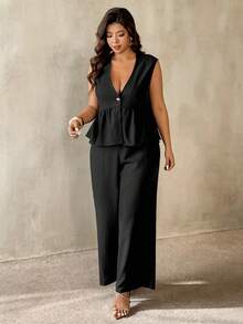 Auralis Plus Size Solid Color Deep V-Neck Top And Pants 2 Pieces Set, Summer Outfits - Black - View 1