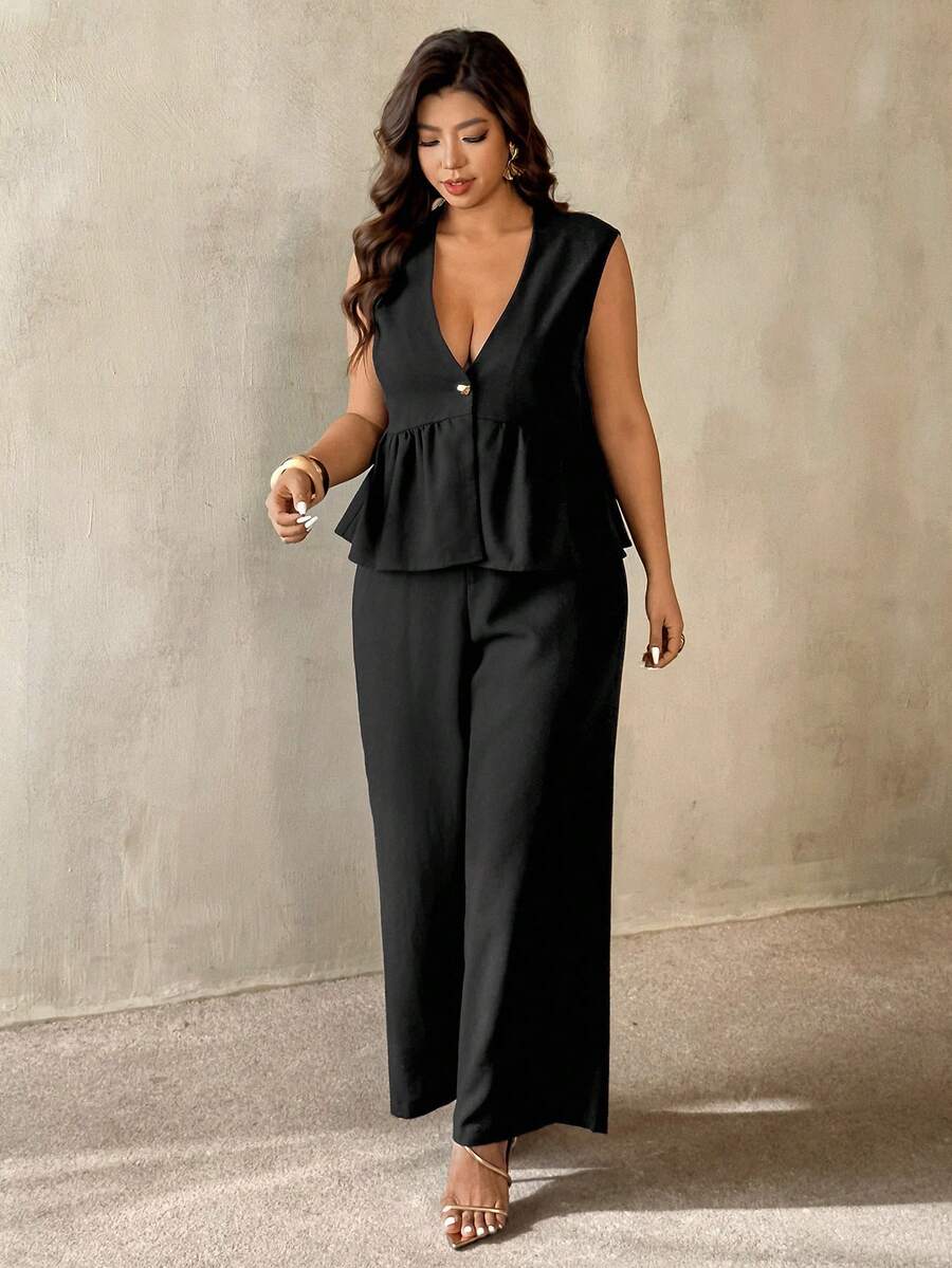 Auralis Plus Size Solid Color Deep V-Neck Top And Pants 2 Pieces Set, Summer Outfits - Black - View 1