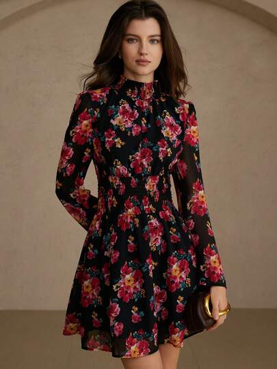 Aveloria Rosie Mini Dress Chiffon Fabric A-Line Waist Tightened Mock Neck Ruffle Smocked Elastic Waist Floral Print Lantern Sleeve Vintage Romantic Elegant Sweet Floral Dresses For Women Elegant Dresses For Women Valentine's Day Dress Pink Dresses For Women