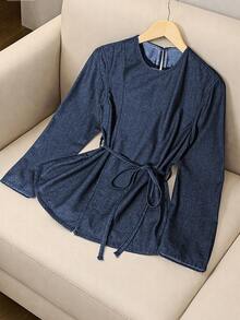 GlowEve Women's Round Neck Long Sleeve Casual Knotted Waist Denim Blouse - Blue - View 4