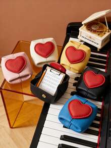 Zazumi Cute Color Block Heart Shaped Coin Purse, Portable Mini PU Leather Storage Pouch, Multi-Functional Earphone Data Cable Organizer Bag - Multicolor - View 2
