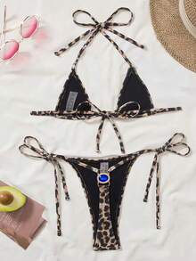 Swim SXY Women's Leopard Print Halter Neck Backless Sexy Beach 2-Piece Bikini Swimsuit, Summer - Multicolor - View 2