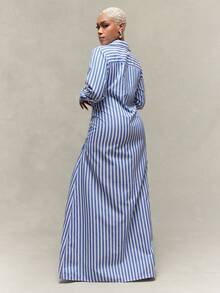 Vixey Blue Stripe Button Down Pointed Collar Self Tie Maxi Dress - White - View 4