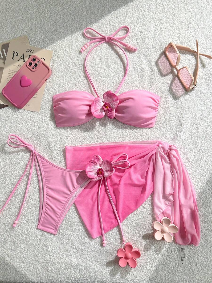 Swim Vcay Nuevo conjunto de bikini con lazo y escote halter para vacaciones de mujer - Rosa - Ver 1