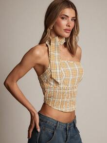 Hauture 格子缎带露背修身性感短款上衣 - 黃色 - 查看 6