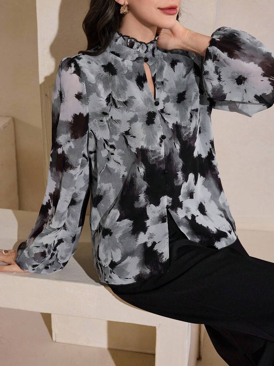 Graceveil Women's Elegant Mandarin Collar Ruffle Trim Floral Print Long Sleeve Chiffon Blouse - Multicolor - View 1