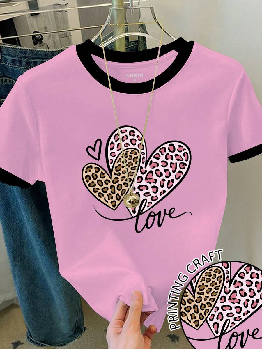 女士休闲豹纹爱心图案撞色滚边圆领短袖T恤，夏季 - 粉色 - 查看 1