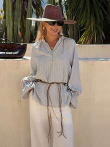 Livesso 女士条纹宽松专属春季腰带衬衫 - 黑與白 - 查看 4