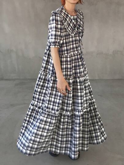 FRIFUL Women's Peter Pan Collar All-Over Plaid Decor Loose Multi-Layered Patchwork A-Line Dress Summer Maxi Dress