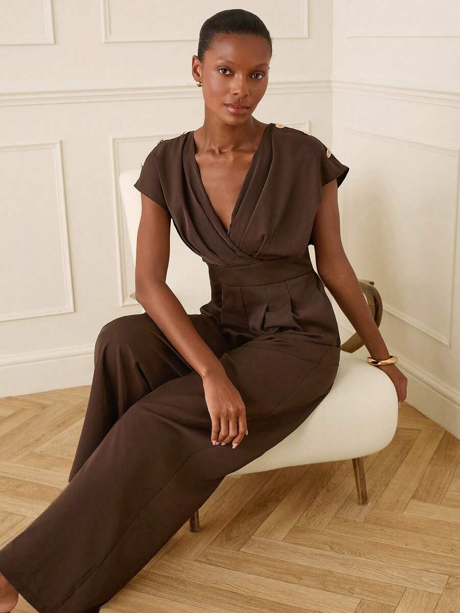 Lilora 女士优雅V领褶皱阔腿连体裤 - 摩卡棕 - 查看 1