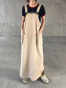 FRIFUL 女士工装风吊带长裙 - 卡其色 - 查看 3