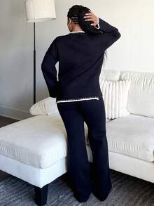 Tyla Gomez Set de 2 piezas de suéter de cuello alto con ribete en contraste y pantalones, informal, para mujer - Blanco y Negro - Ver 2
