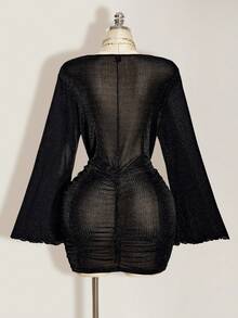 SHEIN ICON Plus Size Women's Gold Plunging Neck Mini Party Dress Black See Through Dress - Black - View 2