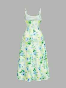 SHEIN MOD 大码女式玫瑰粉色印花长款连衣裙，褶皱腰身，喇叭下摆，吊带设计，半正式连衣裙，优雅茶会连衣裙，飘逸邮轮女装 - 綠色 - 查看 2