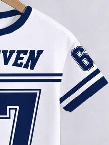 SHEIN Coolqubz 男童春夏休闲时尚创意个性清新简约时尚数字67条纹蓝白组合字母标语印花宽松T恤短裤套装，舒适日常穿着，温暖的夏秋风格，适合春、夏、秋季穿着。 - 彩色 - 查看 6