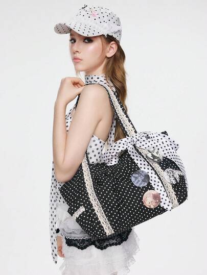 ROMWE Anime 1 Vintage Polka Dot Canvas Bag, A Niche Lace Color-Blocked Shoulder Bag, Large Capacity Tote Bag For Commuting (Comes With A Cute Cat And Sexy Girl Badge).