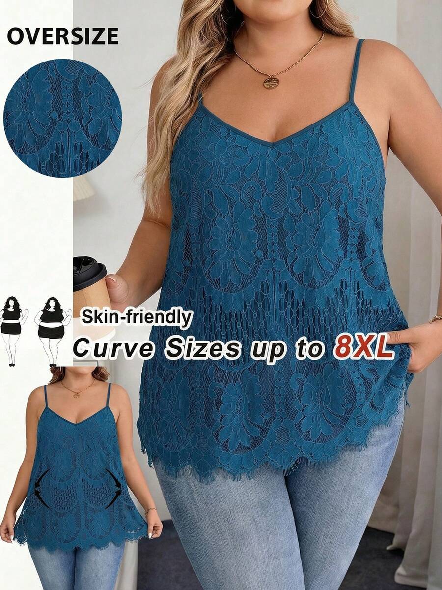 SHEIN CURVE+ 大码女式花卉蕾丝宽松优雅吊带背心，适合假日、秋季、冬季穿着，尺码齐全，适合曲线身材，夏季上衣 - 水鴨藍 - 查看 1
