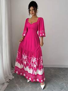 Mulvari Women's Vacation Ruffle Sleeve Fashionable Placement Print Dress - Hot Pink - View 3